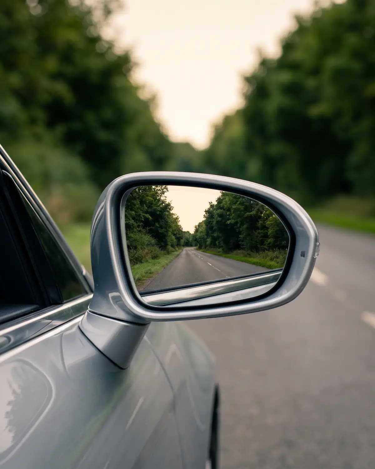 Symbolbild: Außenspiegel eines Autos, der eine leere Landstraße spiegelt